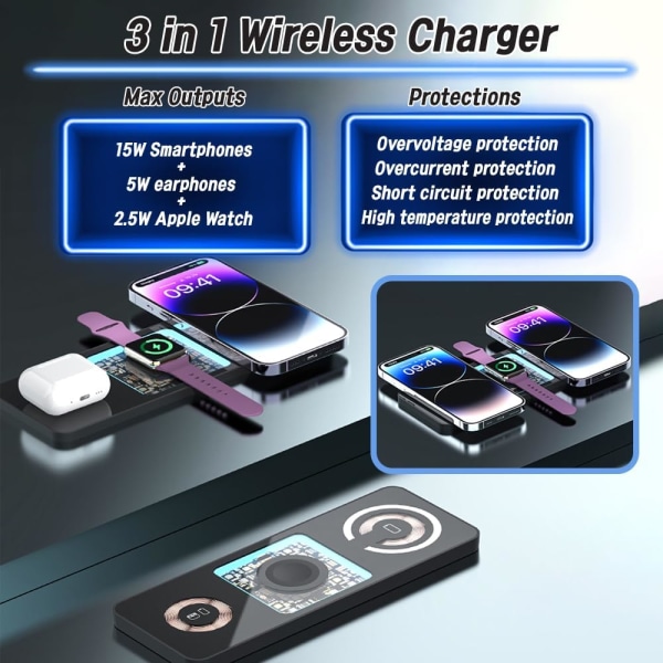 3 in 1 langaton pikalatausasema telakointiasema Magneettinen läpinäkyvä läpinäkyvä piirilevyrakenne Ohut iPhone, AirPods, Apple