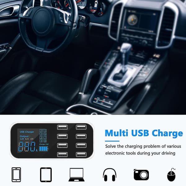A9s Rask Billader 8-Port Multi USB LCD-Skjerm Telefonlader 12V Batterilader USB-Hub For Pho