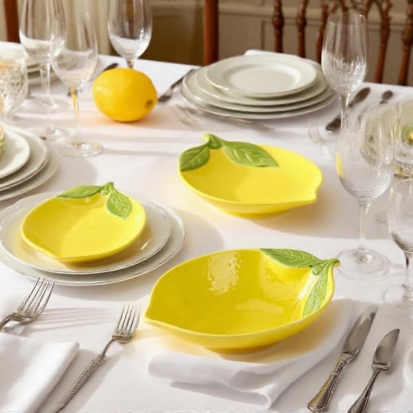 Ceramic Fruit Plate and Cartoon Lemon Porcelain Set with Unique Lemon Shape, Dishwasher Safe