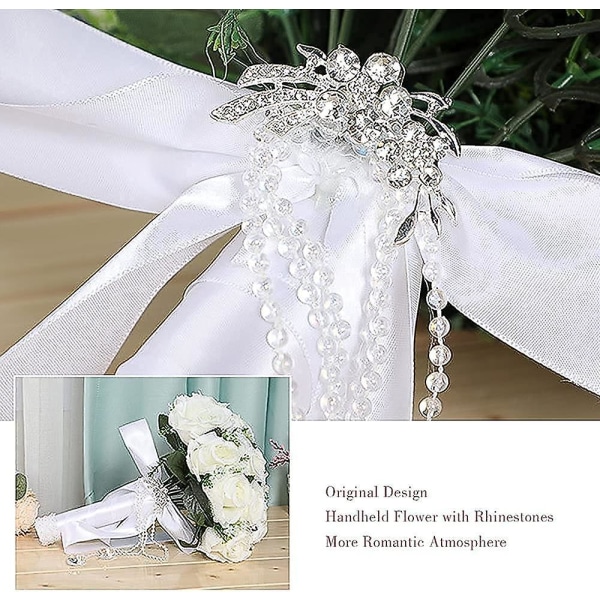 Brudbukett Bröllopsbukett för brud, koreansk stil vit falsk rosblomma, konstgjord bröllopsbrudbukett som håller blommor med strass för W
