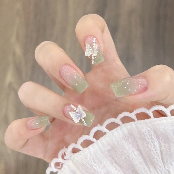 Falske negle Akryl fuld dækning falske negle med perle charme sommerfugl grafik design til kvinder og piger DIY negle kunst dekoration