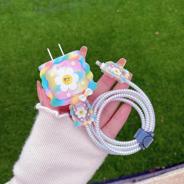 Sødt DIY-kabelbeskyttelse, kompatibel med iPhone 20W USB-C-strømadapter og Lightning-kabel