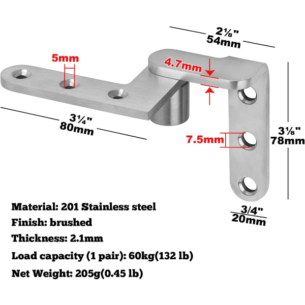 2 pivot dørhængsler, tykkelse 3 mm, kraftige 201 rustfrit stål indlejrede 270 graders akse offset pivot dørhængsler til