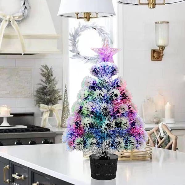 Small Tabletop Fiber Optic Christmas Tree, Mini Artificial Christmas Tree Pre-lit with Snow Flocking, Plug-in Model, 60cm