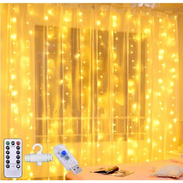 Fjernstyrt gardinlys med støpsel for utendørs bruk, 300 LED-veggmonterte gardinlys for soverom, bryllup, fest, bakteppe, hage, innendørs
