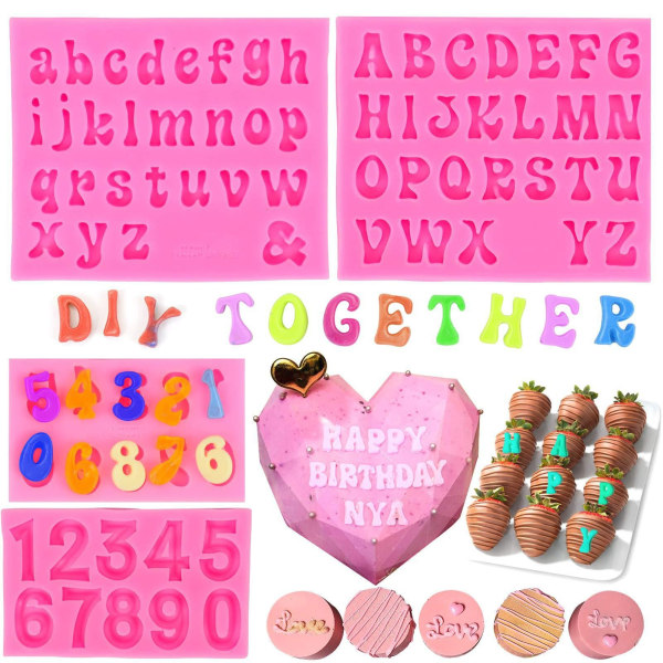 4 Silicone Letter Molds, Handmade Molds, 0-9 Numbers Uppercase Lowercase Fondant Molds for Hearts and Cake Decorating,