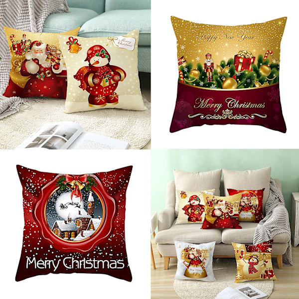 18 Tums Dekorativ Jul Kudde i Guld med Cartoon Tomte Snögubbe Digitaltryck Polyester Sammet Kuddfodral för Soffa Semester Park