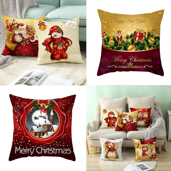 18 tums julguld dekorativ slängkudde Tecknad Santa Snowman Digitaltryck Polyester sammet Cover för soffa Holiday Park