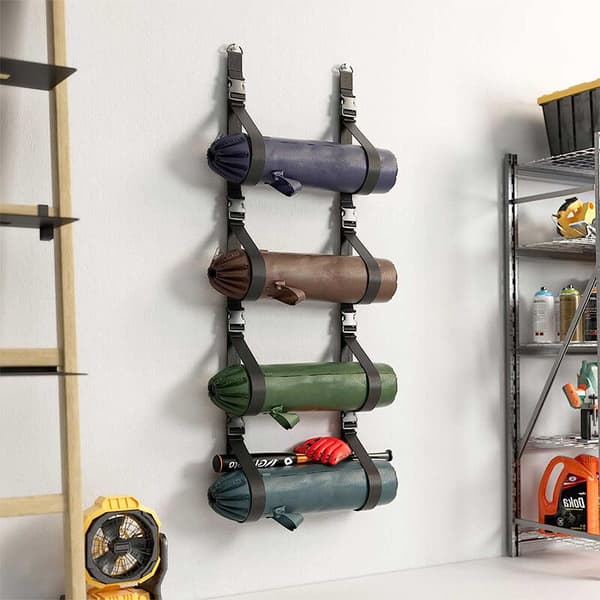 Wall-mounted storage for camping chairs, wider and adjustable straps with quick-release buckles, hanging storage system for more garden chairs