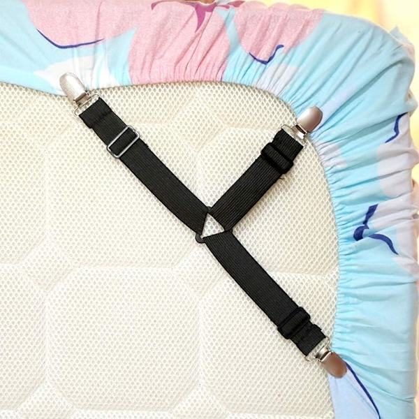 Sorte sengetøystropper 4 stk. Trekant sengetøyholder Elastisk madrassholder Justerbar sengetøystrammer Suspenders Madrassstropp