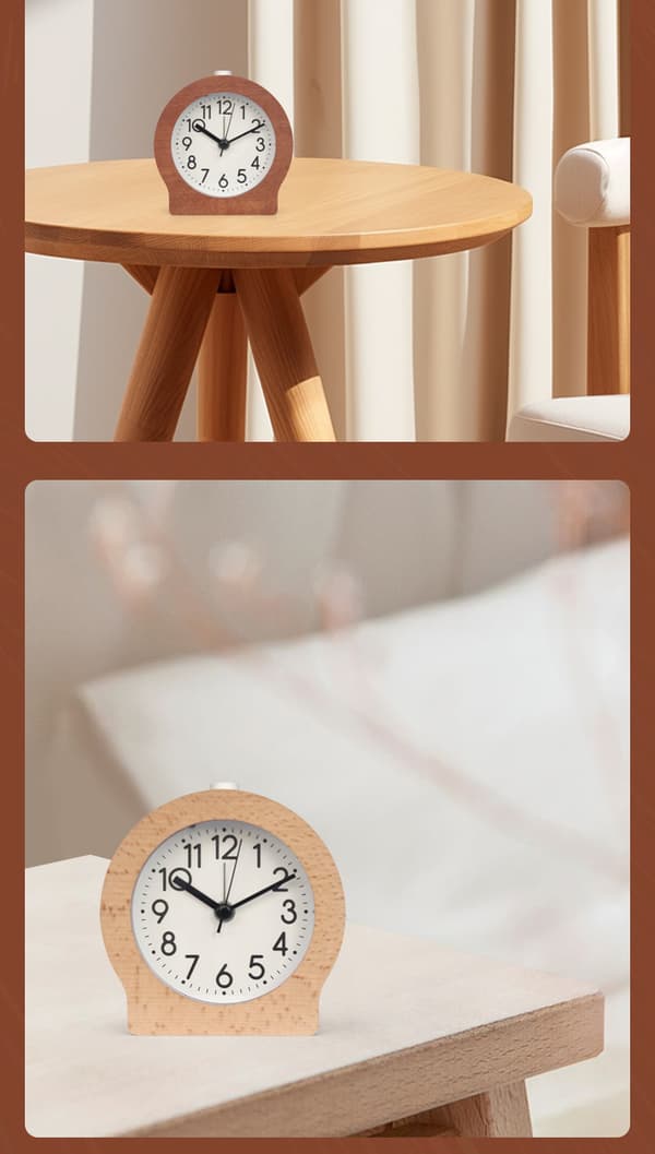 Battery-powered alarm clock with snooze function in wood