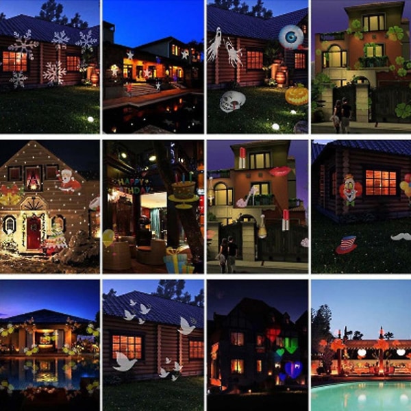 LED-projektorlampe, LED-projektorlampe med 12 lyseffekter, IP65 vanntette julelys for hagebelysning