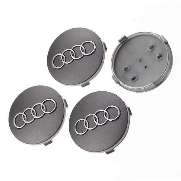 4 nye 60mm sølv Audi-fælgkapsler, emblem