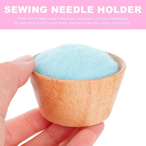 Needle Felt with Wooden Base Portable Needle Organizer Blue Semicircular Sewing Holder