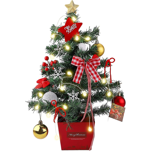 Kunstigt juletræ med led lys 50 cm mini juletræ Bordplade juletræ Lille juletræ med stativ og ornamenter jul dec.