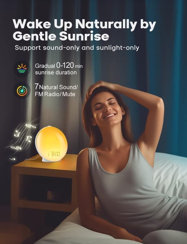 Light alarm clock, daylight alarm clock, sunrise, sunset simulation, full screen wake-up light with dual alarms