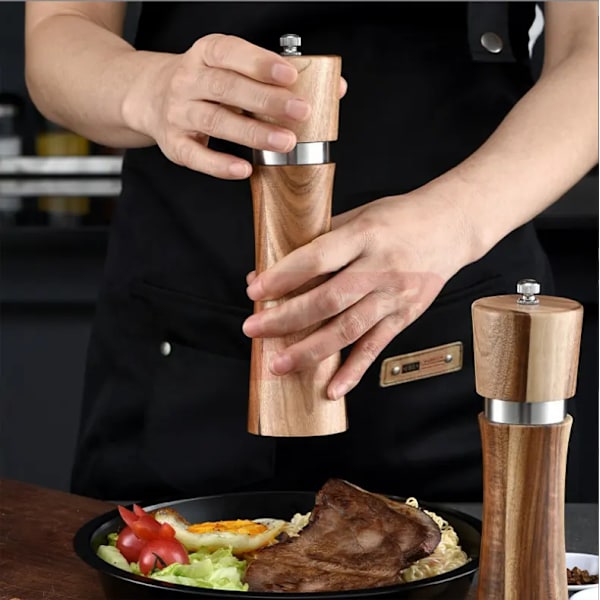 2-delad Salt- och Pepparkvarnset, 8 tum Trä Salt- och Pepparkvarnar med Justerbar Grovhet, Återfyllningsbar Manuell Pepparkvarn