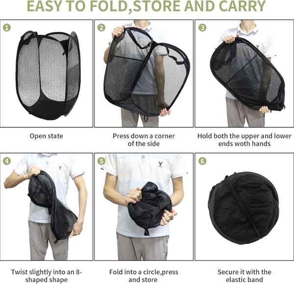 Foldable Laundry Basket Collapsible Pop-Up Hamper Portable Durable For Bathroom Camping Dorm Travel Storage Black 36x36x58 cm 3-pack