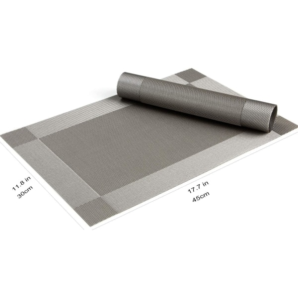 Rektangulär PVC bordstablett, halkfri och värmebeständig, lämplig för matsal, kök eller matbord, 45 x 30 cm, 6-delat set, grå
