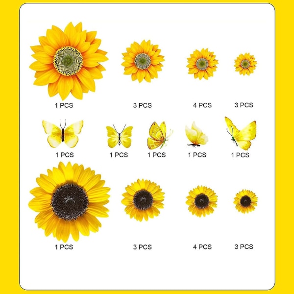 39 delar solrosdekal för väggar med 3d fjärilsväggklistermärke Solros barnrumsinredning Mottaglig gula blommor klistermärke för köksbadkar