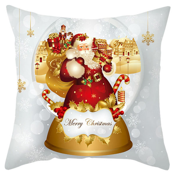 18 Tums Dekorativ Jul Kudde i Guld med Cartoon Tomte Snögubbe Digitaltryck Polyester Sammet Kuddfodral för Soffa Semester Park