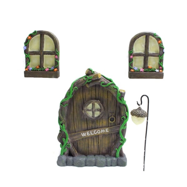 Miniature Gnome Fairy House Vindue og Dør til Træer, Gløder i Mørket Havekunst Have Skulptur Græs Ornament Dekoration Mini Fee