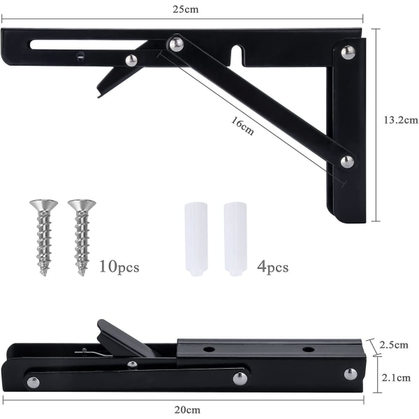 2 st Fällbara Hyllfästen 250mm Fällbart Fäste Vägghylla Tungt Fällbart Fäste Svart Fällbart Konsolfäste För Bord Vägghylla 50kg Belastning