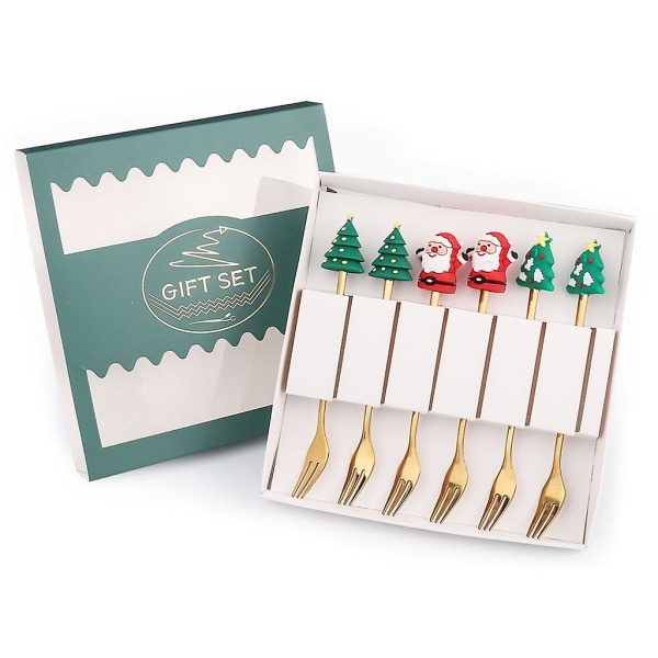 Sett med 6 juleskjeer gafler julenissen juletre servise Kaffeskjeer Gylden gaffel