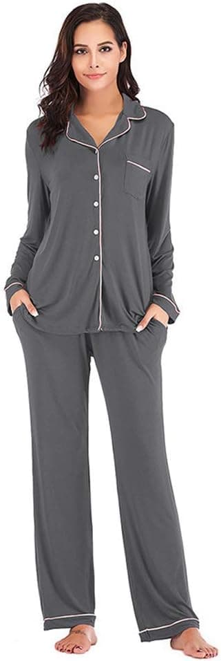 Pyjamassett for kvinner, langermet pyjamas med knapper, 2-delt for kvinner