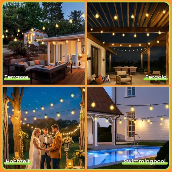 10m Outdoor String Lights, Solar Powered String Lights, 25 G40 LED Bulbs, IP44 Waterproof for Patio and Party