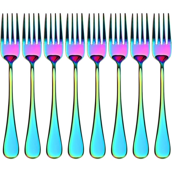 Farverige Salatgafler Sæt af 8, Rustfrit Stål Regnbue Dessertgafler, 8-delt Bestik Fladt Bestik Gaffel