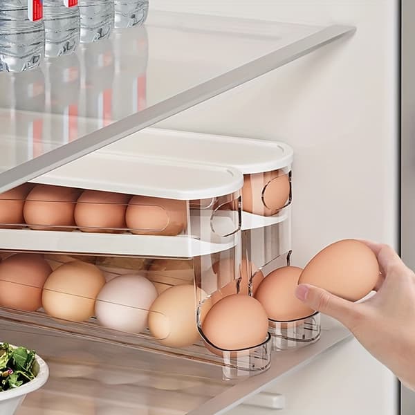 Automatic Egg Storage Box for 12-14 Eggs, Double-Layer Sliding Lid, Space-Saving Egg Rack for Refrigerator