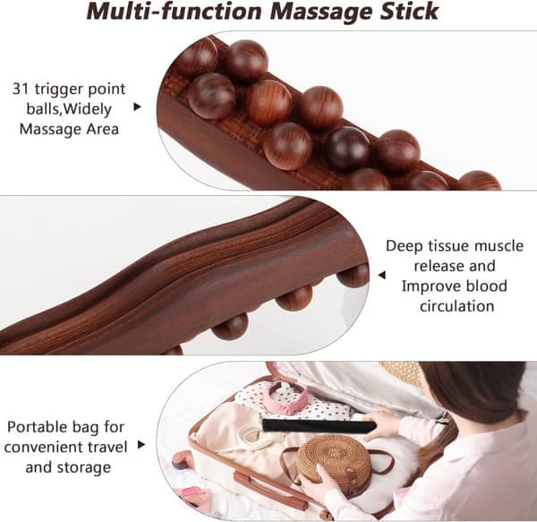 Wooden Massage Stick, 31 Beads, Back Massage Roller, Lymphatic Drainage Massage