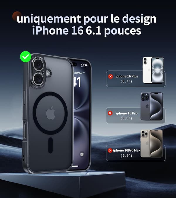 Magnetic Case for iPhone 16, Compatible with MagSafe, Translucent Matte Back Slim Shockproof Case, Black