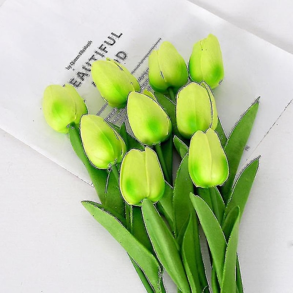 10 stk Hvite blomster Kunsttulipan Silkeblomster 13,5" Grønn Green