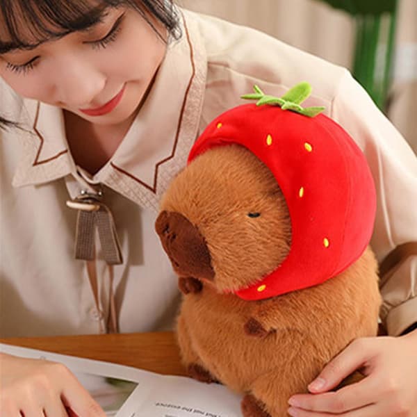 Capybara Plush, 22 cm Cute Strawberry Hat Capybara, Soft Capybara Doll Gift, Soft Brown Capybara Plush Pillow, Stuffed Capybara Gift, Home Decor