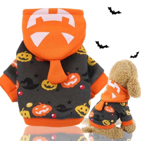 Hooded Pet Coat, for Halloween, Black with Skull Pattern, Winter