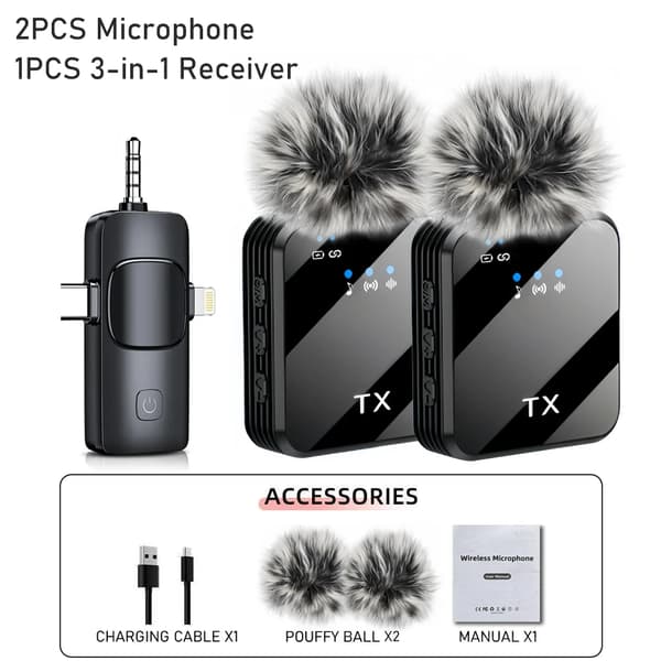 3-i-1 Trådløs Lavalier Mikrofon til Kamera, iPhone, Android, Mikrofon til Videooptagelse Podcast Støjreduktion mic(FMY) 2PCS Lavalier Mic 2PCS Lavalier Mic