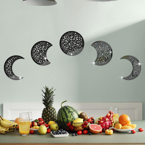 Sort 5-pak 3D Månefase Vægstickers Hjemmeindretning Stue Soveværelse Mural Kunst Dekaler DIY Håndværk Sort