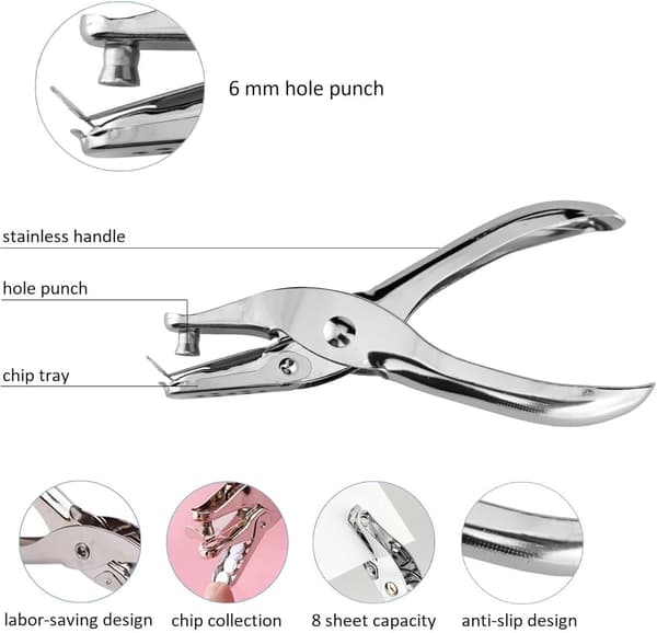 mm Single Hole Punch - Silver Hole Punch, 8 Sheets - Handheld Paper Punch, Perfect Office Accessory for Ring Binders