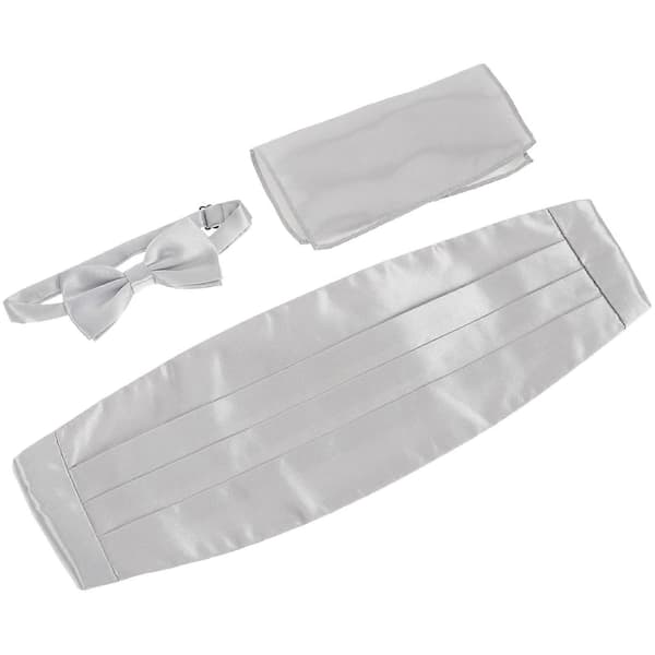 Men's Silver Bow Tie Kit Including Silk Cummerbund and Handkerchief 1 Set [DB]