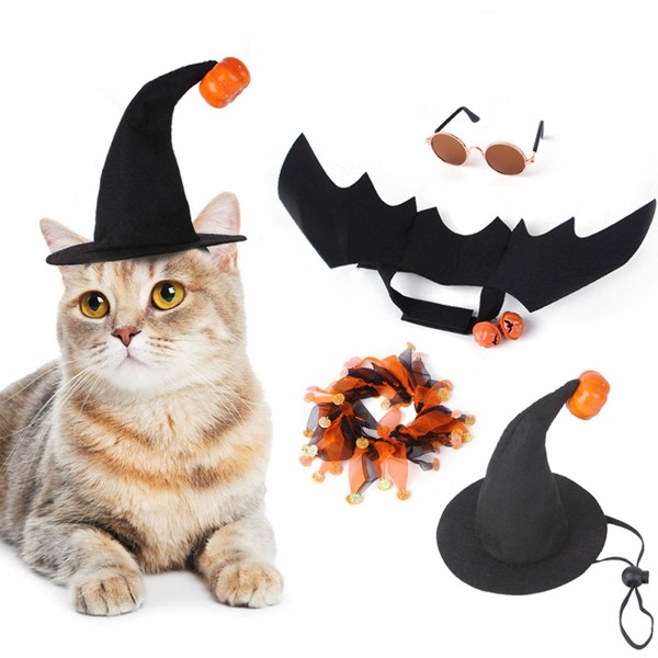 Halloween Kostume Sæt til Kæledyr - Batvinger, Hat, Sløjfe, Klokkepynt og Briller