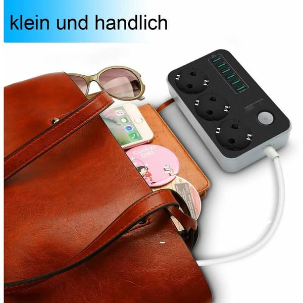 Power strip with 6 USB sockets 3 compartments 2500W 17W 5V 3.4A 1.6M cable, with switch socket protected against overload,