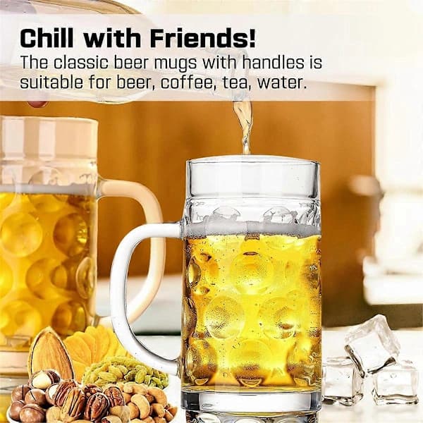 Beer Glass with Handle, Clear Large Beer Mug Set for Beer, Tea or Coffee, Thick Bottom, 590 ml