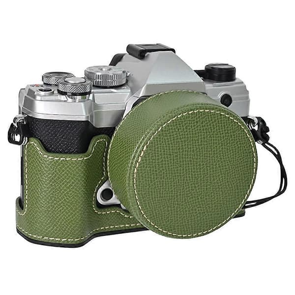 Leather Camera Half Body Case with Lens Cover and Shoulder Strap for Olympus OM-5 - Green