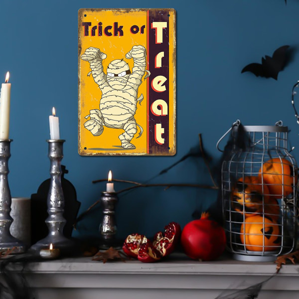 Halloween Retro plåtskyltar Vintage metallskylt järnmålning för väggdekor 12 X 8 tum Gul Yellow