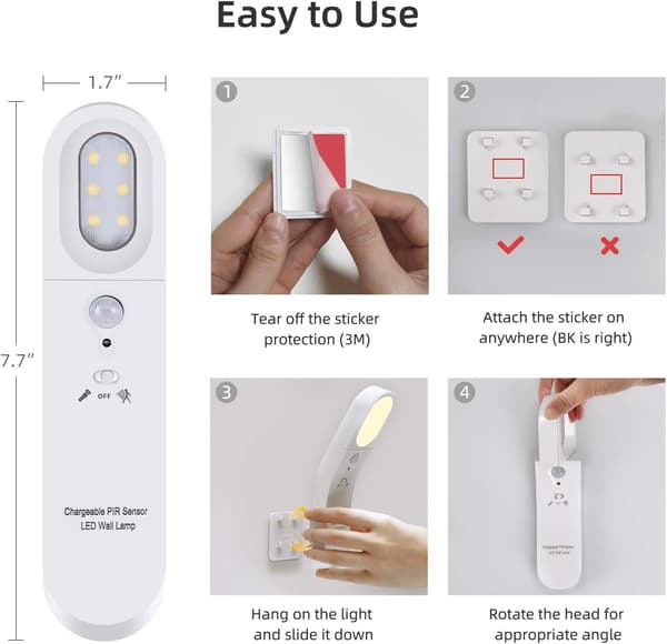 Automatisk LED-nattlampe 3 moduser USB-oppladbar lampe med bevegelsessensorlampe Varm hvit