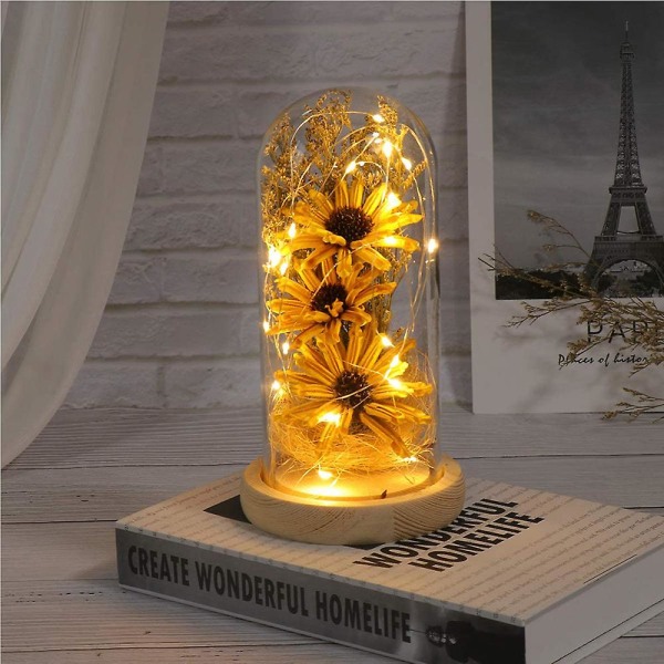 Gul Fortryllet Blomsterlampe, Kunstig Solsikke I Glasskuppel, LED Blomsterlampe Til Valentinsdag Morsdag