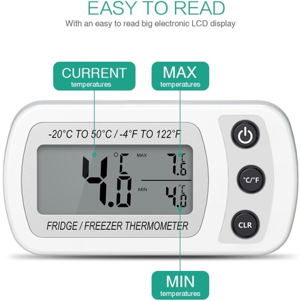 Kjøleskapstermometer LCD-skjerm Digital Vanntett Frysertermometer med Magnetisk Henger Hvit Kjøleskapstermometer (-20~50℃)