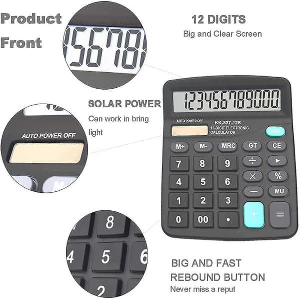 Calculator, 12-Digit Dual Power Handheld Desktop Calculator with Large LCD Display, Large Sensitive Buttons (Black, 5-Pack)